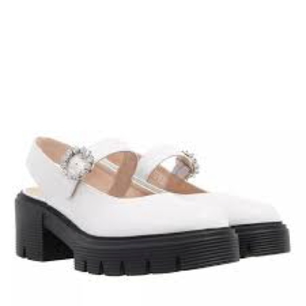 Stuart Weitzman White Mary Jane Platform Shoes with Black Lug Sole